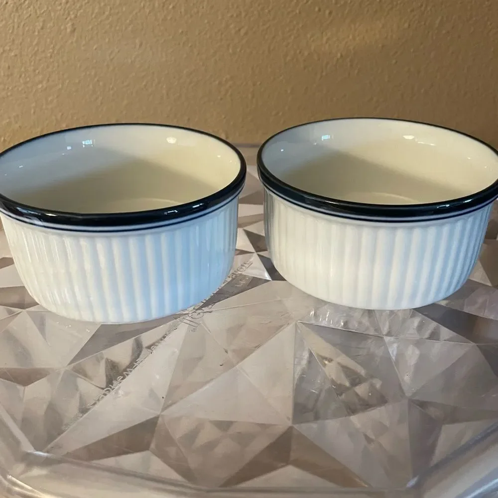 Dansk White Blue Rimmed Ribbed Bistro 4 inch Serving Bowls x 2 Portugal